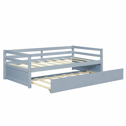 Twin Size Trundle Platform Bed Frame with  Wooden Slat Support, Gray - Gallery Canada