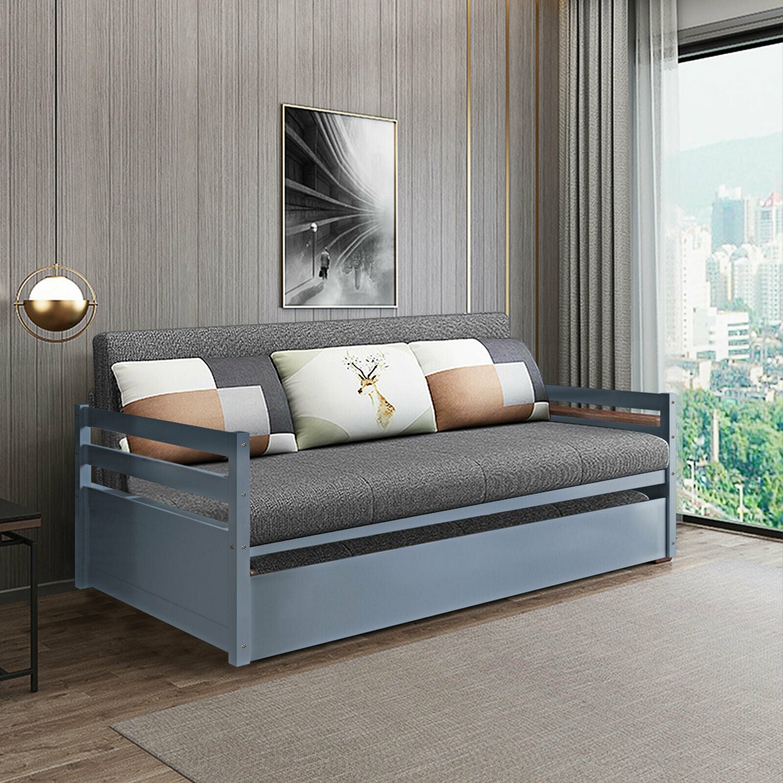 Twin Size Trundle Platform Bed Frame with Wooden Slat Support, Gray Trundle Bed Frame at Gallery Canada