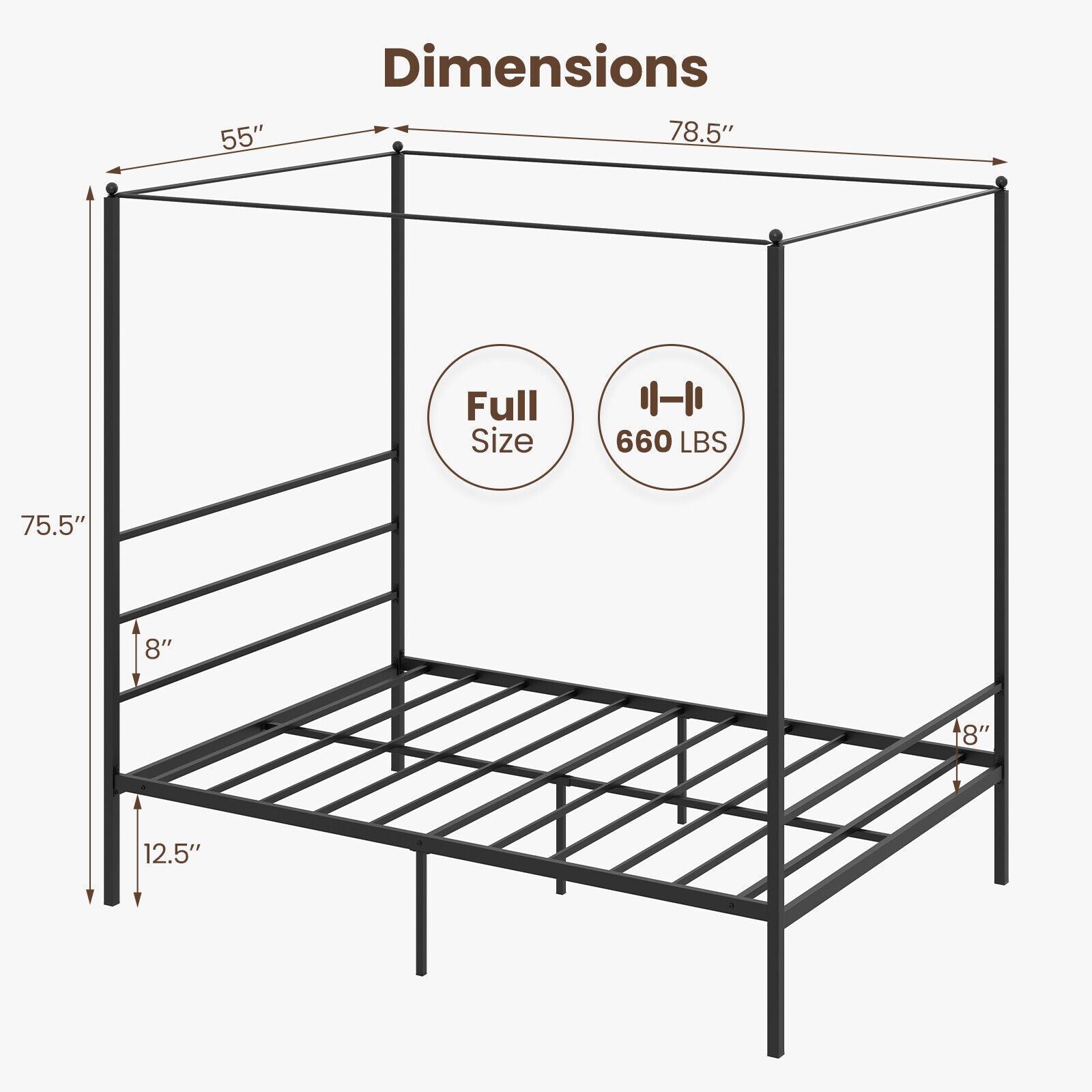 Twin/Full/Queen Size Metal Canopy Bed Frame with Slat Support-Full Size, Black Simple Bed Frame at Gallery Canada