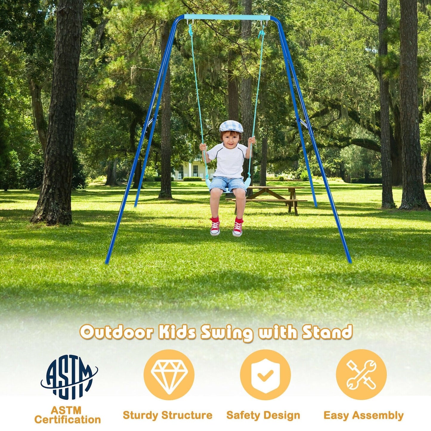 Outdoor Kids Swing Set with Heavy-Duty Metal A-Frame and Ground Stakes, Blue - Gallery Canada