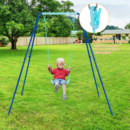 Outdoor Kids Swing Set with Heavy-Duty Metal A-Frame and Ground Stakes, Blue - Gallery Canada