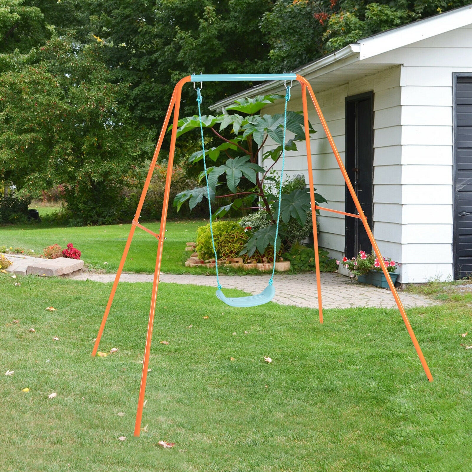 Outdoor Kids Swing Set with Heavy-Duty Metal A-Frame and Ground Stakes, Orange Swing & Playsets at Gallery Canada