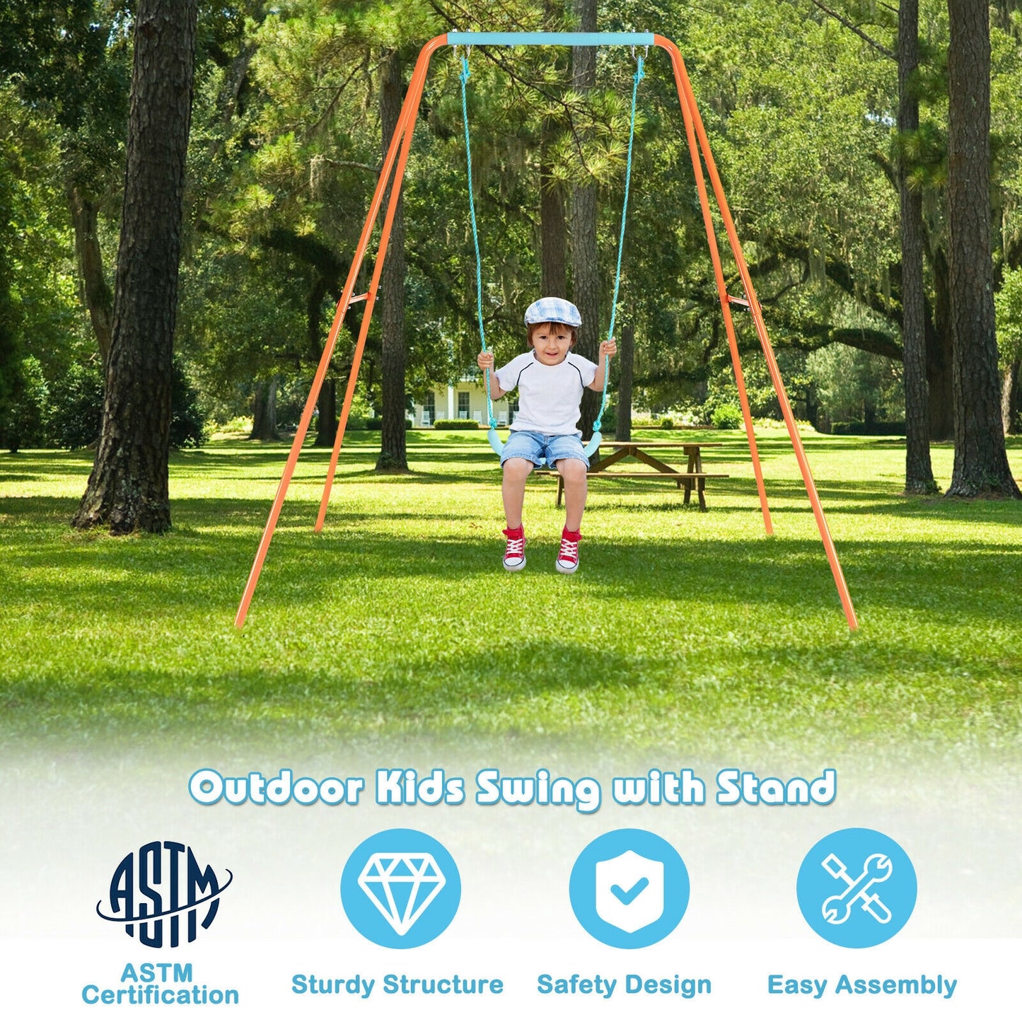 Outdoor Kids Swing Set with Heavy-Duty Metal A-Frame and Ground Stakes, Orange Swing & Playsets at Gallery Canada