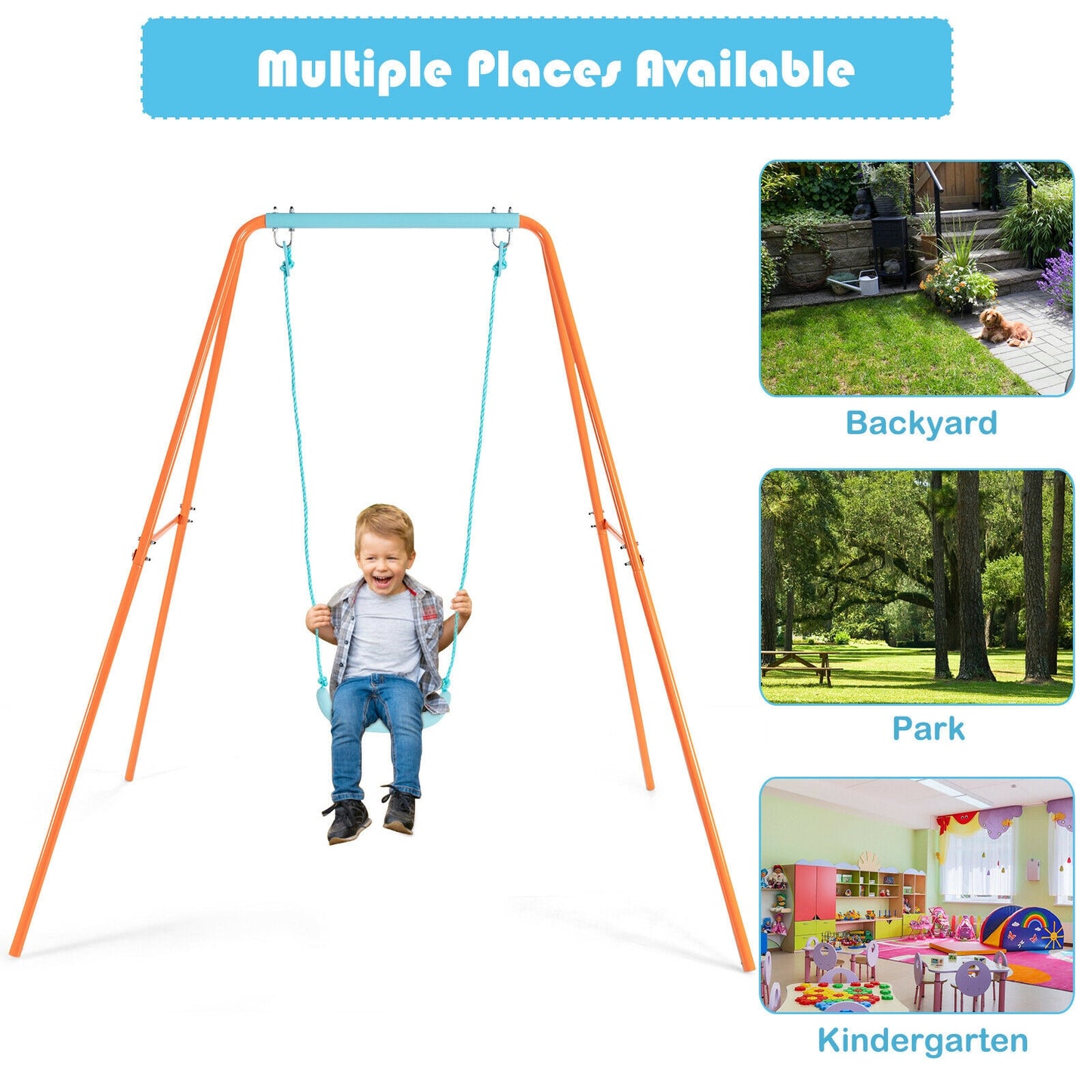 Outdoor Kids Swing Set with Heavy-Duty Metal A-Frame and Ground Stakes, Orange Swing & Playsets at Gallery Canada