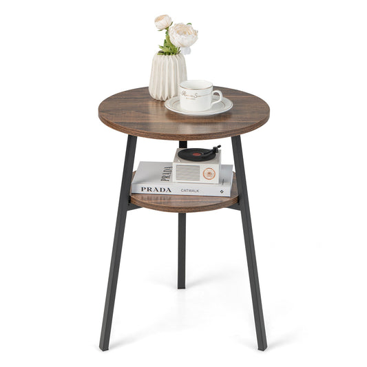 2-Tier Round End Table with Open Shelf and Triangular Metal Frame, Brown