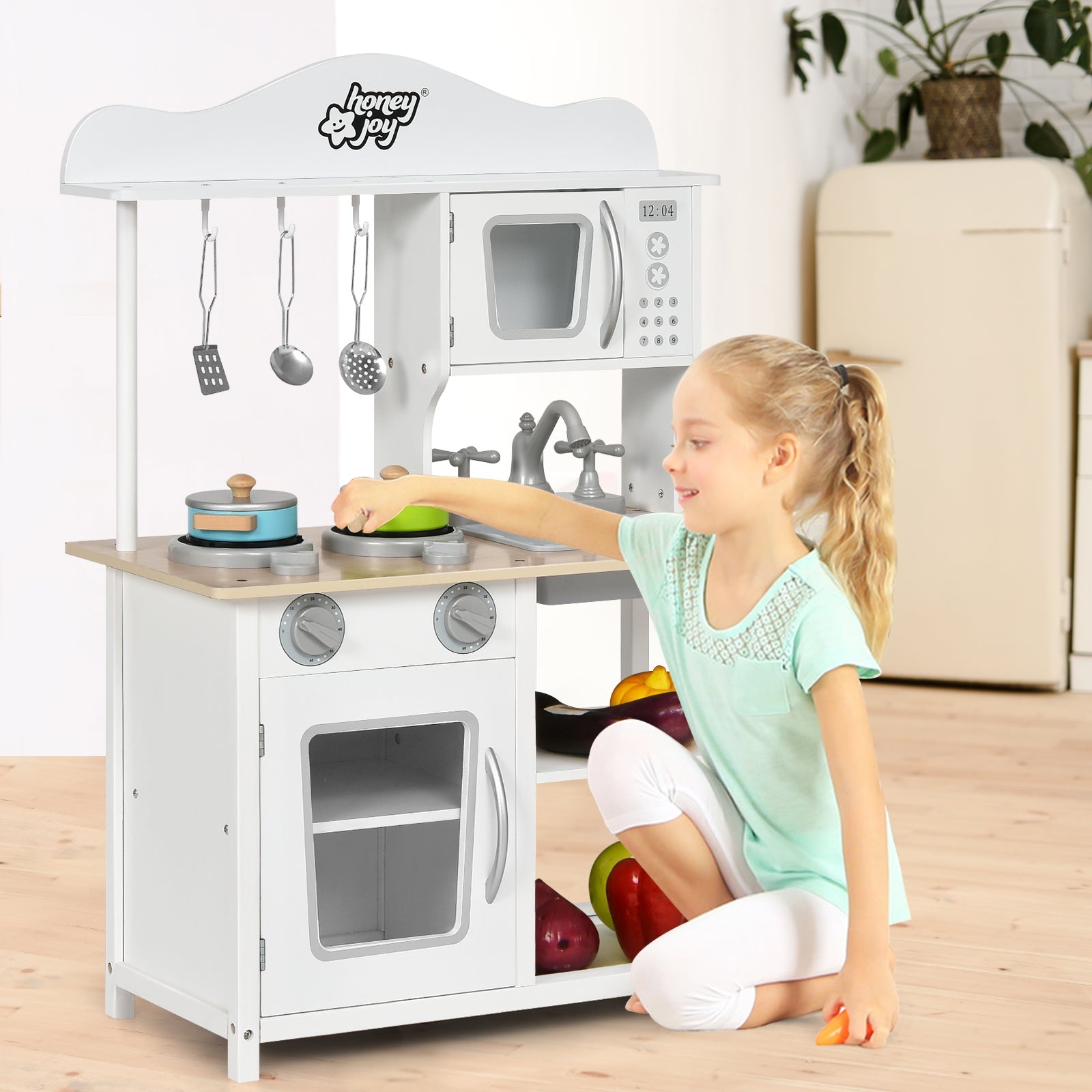Wooden Pretend Play Kitchen Set for Kids with Accessories and Sink, White Play Kitchen Sets at Gallery Canada
