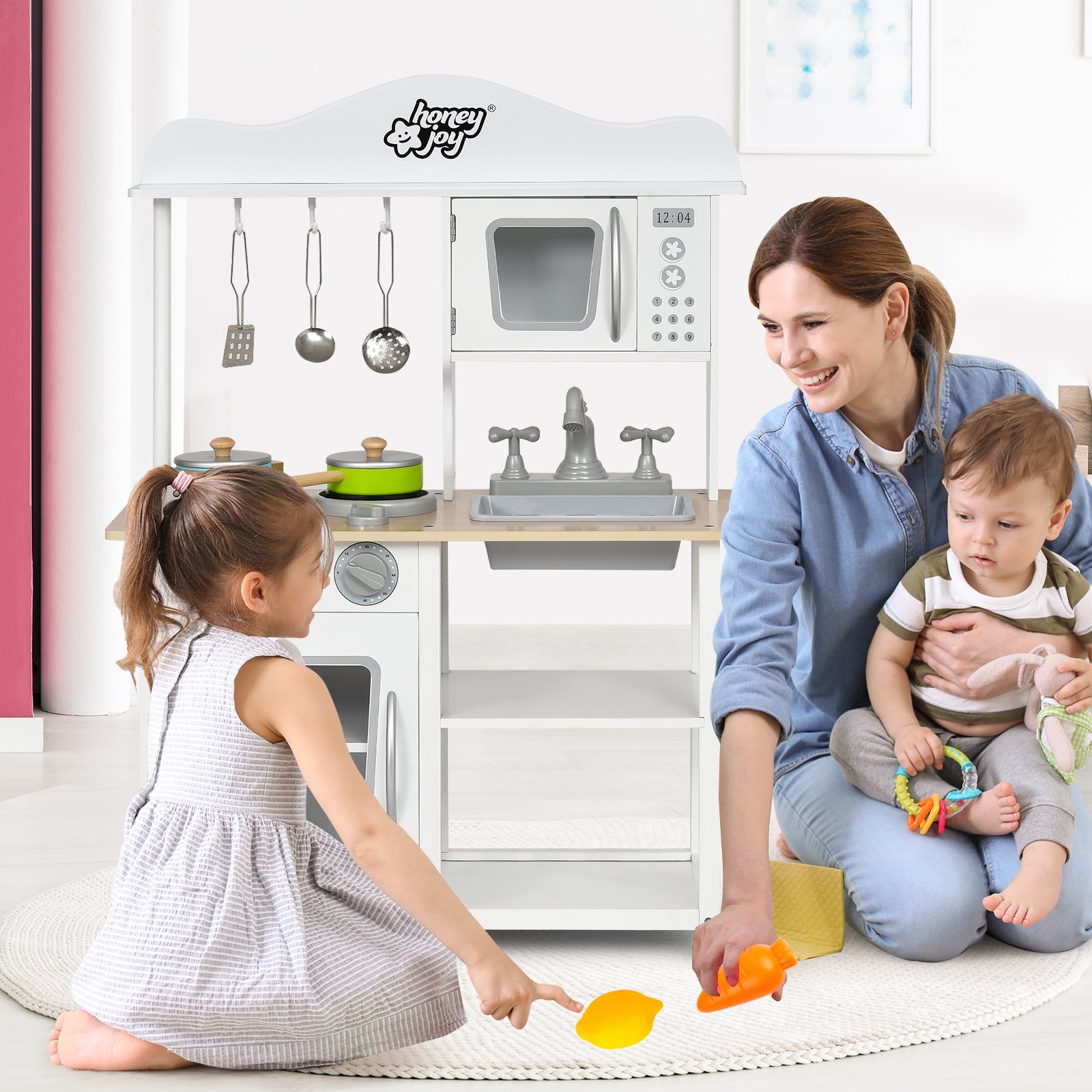 Wooden Pretend Play Kitchen Set for Kids with Accessories and Sink, White Play Kitchen Sets at Gallery Canada