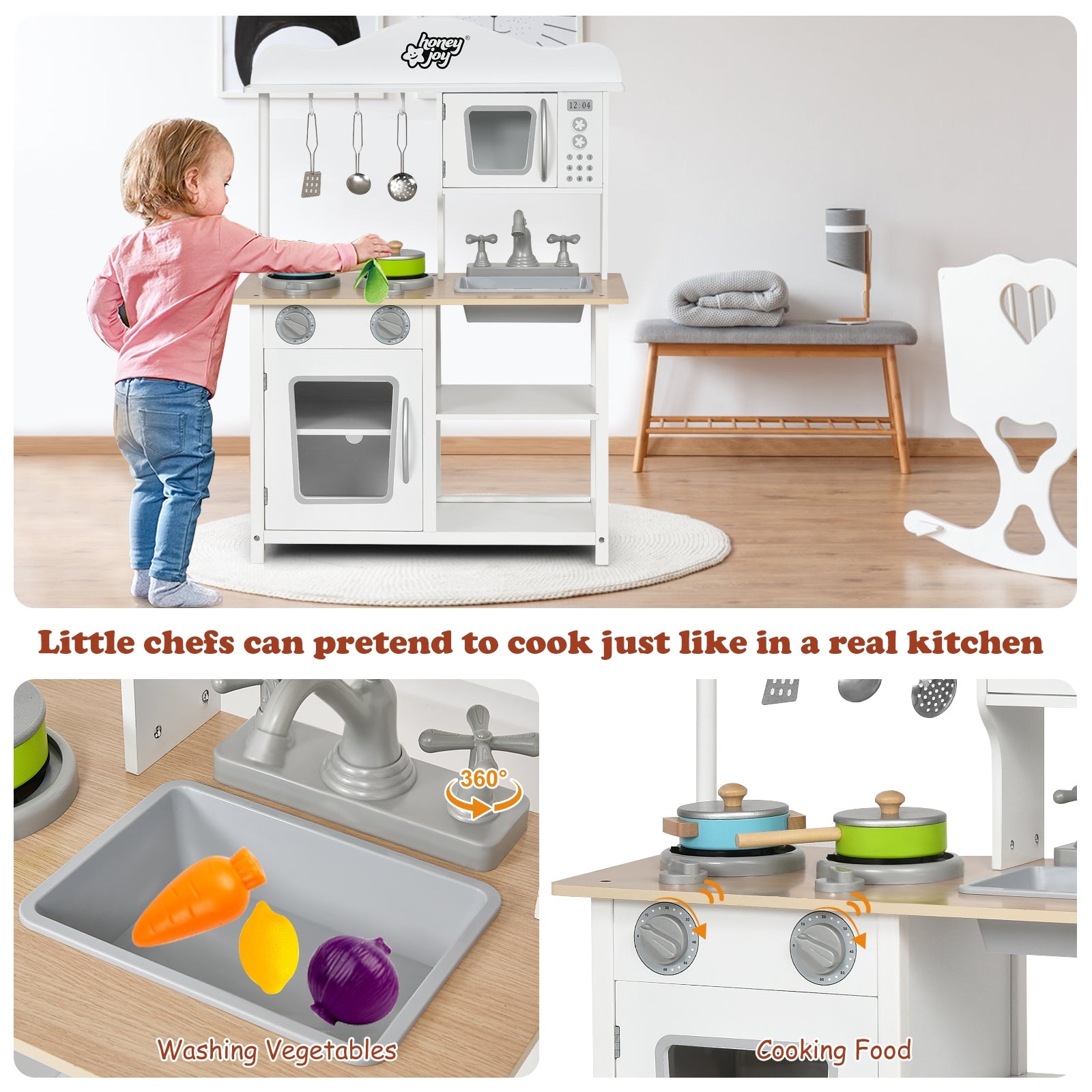 Wooden Pretend Play Kitchen Set for Kids with Accessories and Sink, White Play Kitchen Sets at Gallery Canada