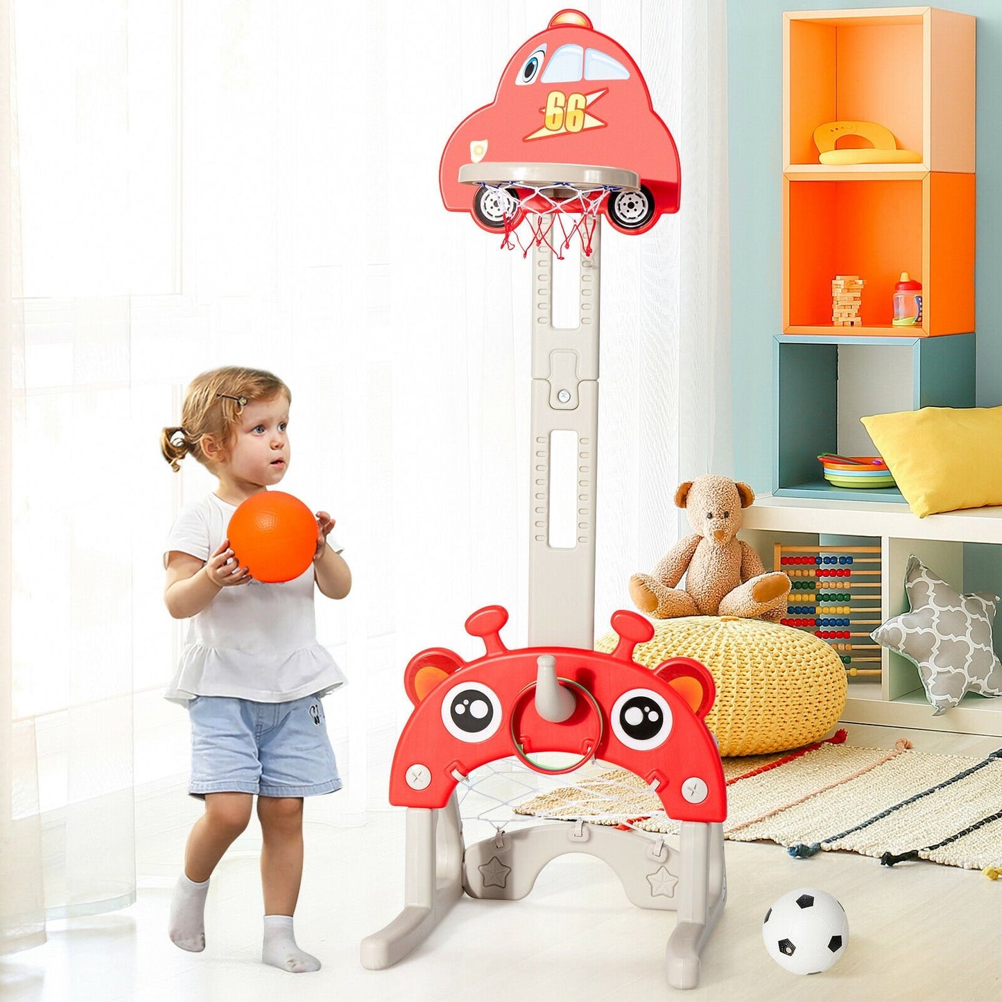 3-in-1 Basketball Hoop for Kids Adjustable Height Playset with Balls, Red at Gallery Canada