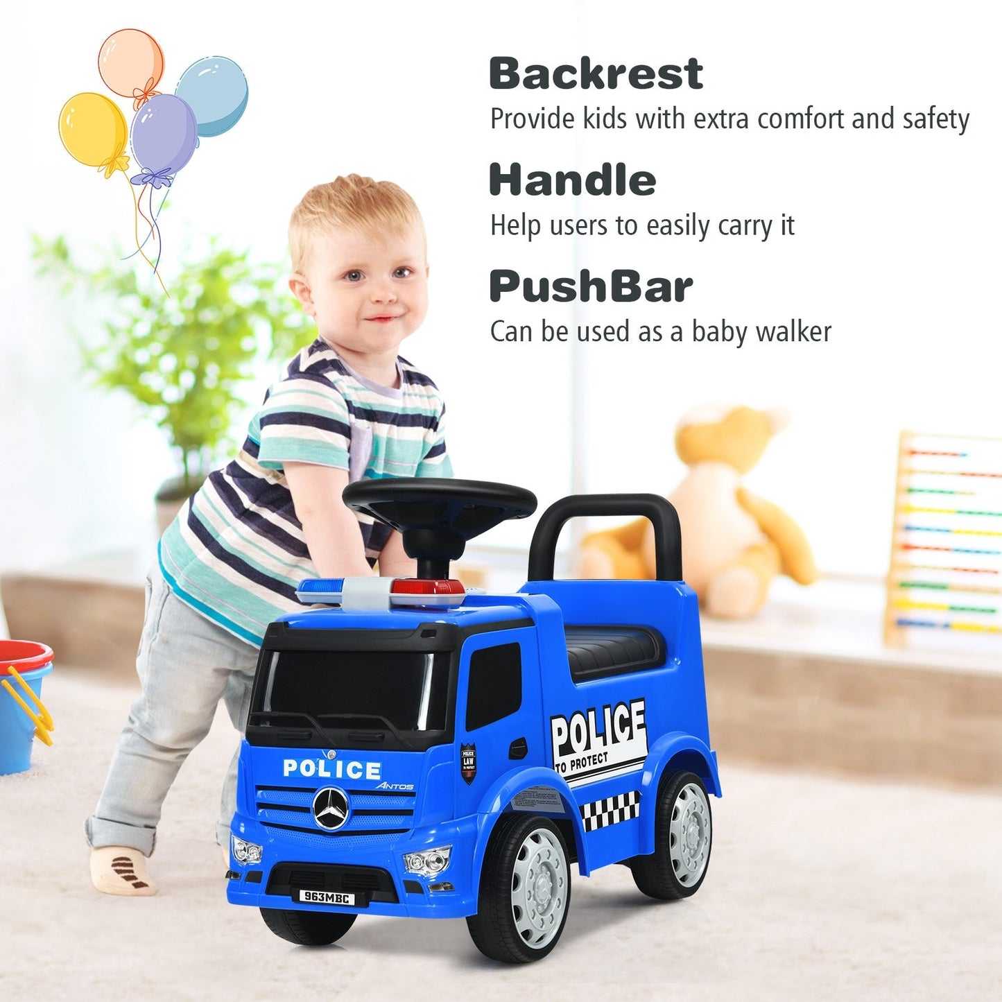 Mercedes Benz Kids Ride On Push Licensed Police Car, Blue - Gallery Canada