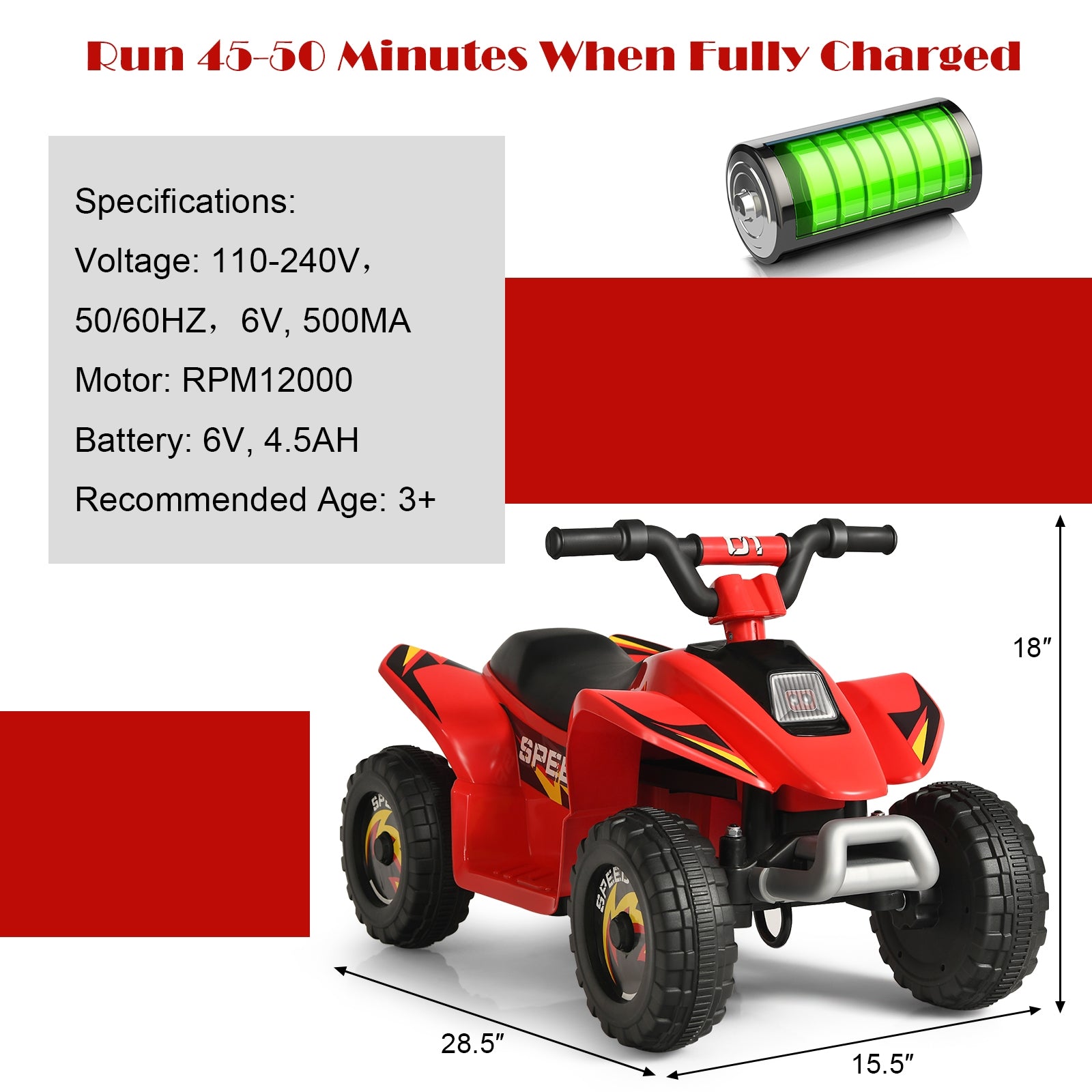 6V Kids Electric ATV 4 Wheels Ride-On Toy , Red Powered Ride On Toys at Gallery Canada