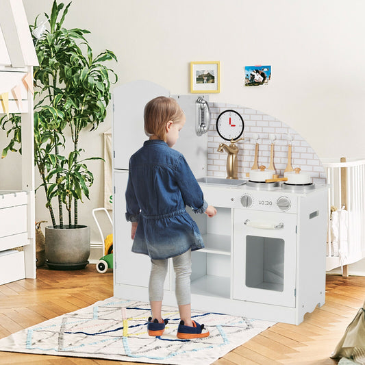 Kids Kitchen Playset Pretend Play Cooking Set with Vivid Faucet and Telephone, White Play Kitchen Sets White at Gallery Canada