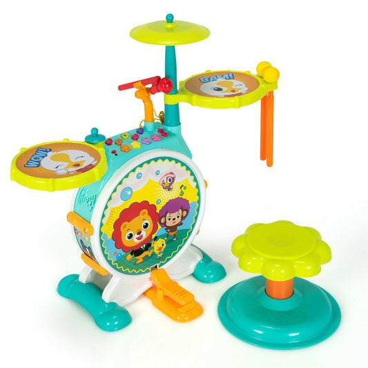 3 Pieces Electric Kids Drum Set with Microphone Stool Pedal, Green