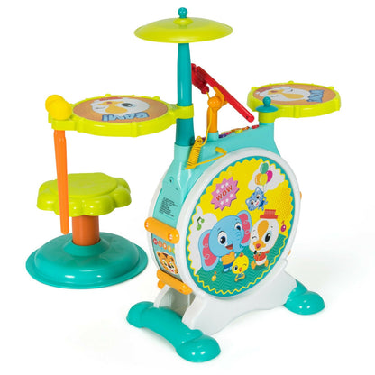 3 Pieces Electric Kids Drum Set with Microphone Stool Pedal, Green - Gallery Canada