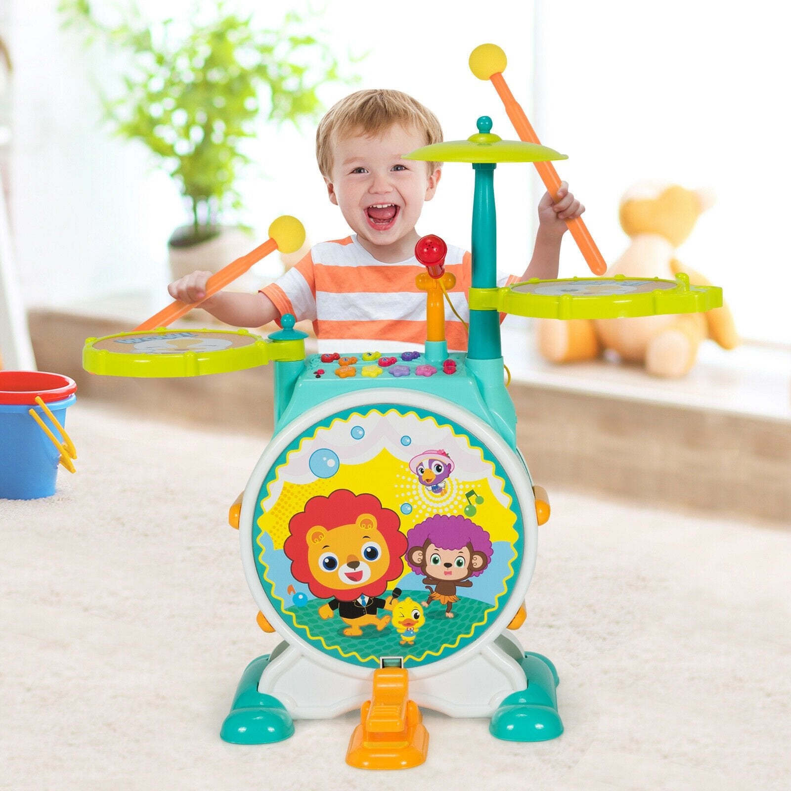 3 Pieces Electric Kids Drum Set with Microphone Stool Pedal, Green - Gallery Canada