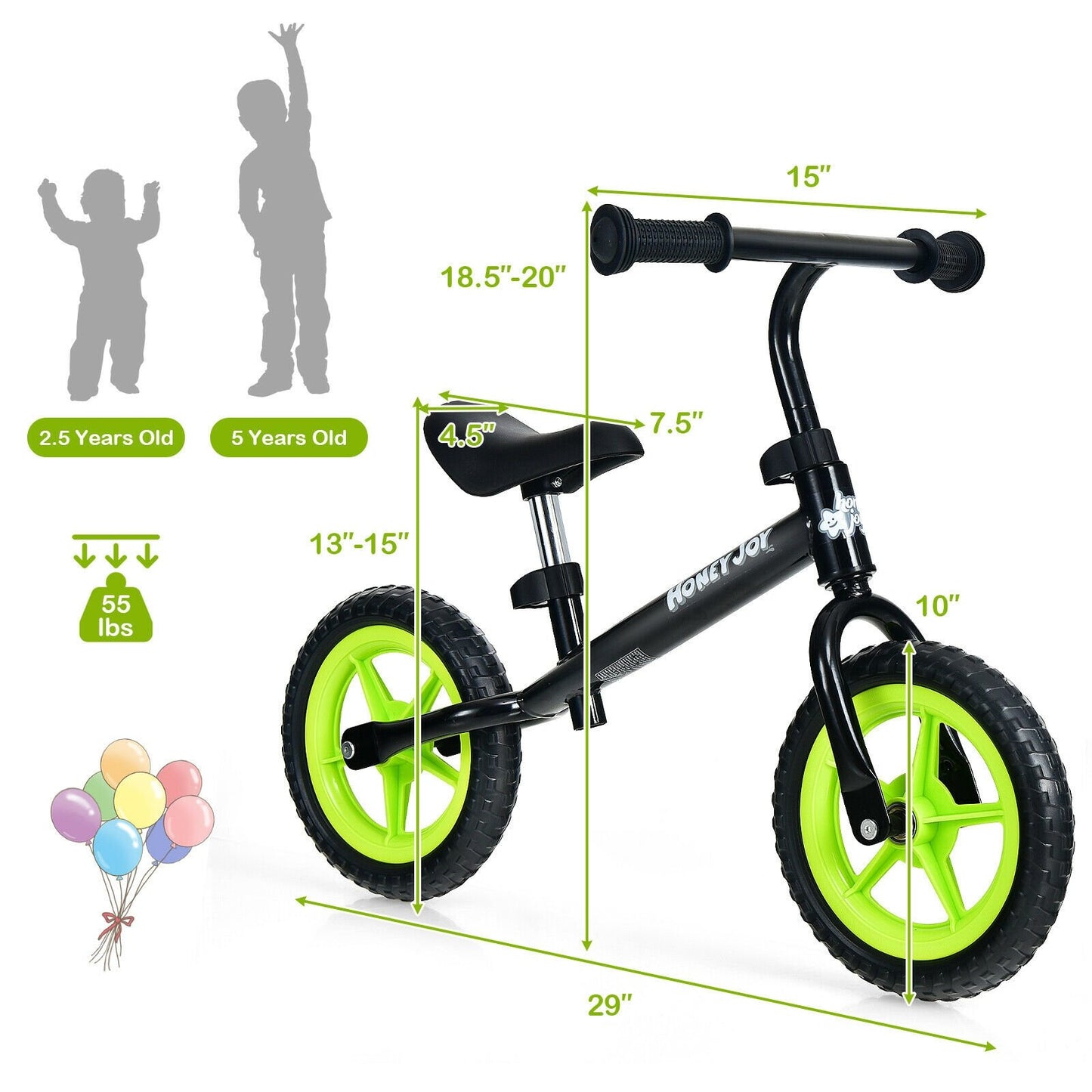Kids No Pedal Balance Bike with Adjustable Handlebar and Seat, Black