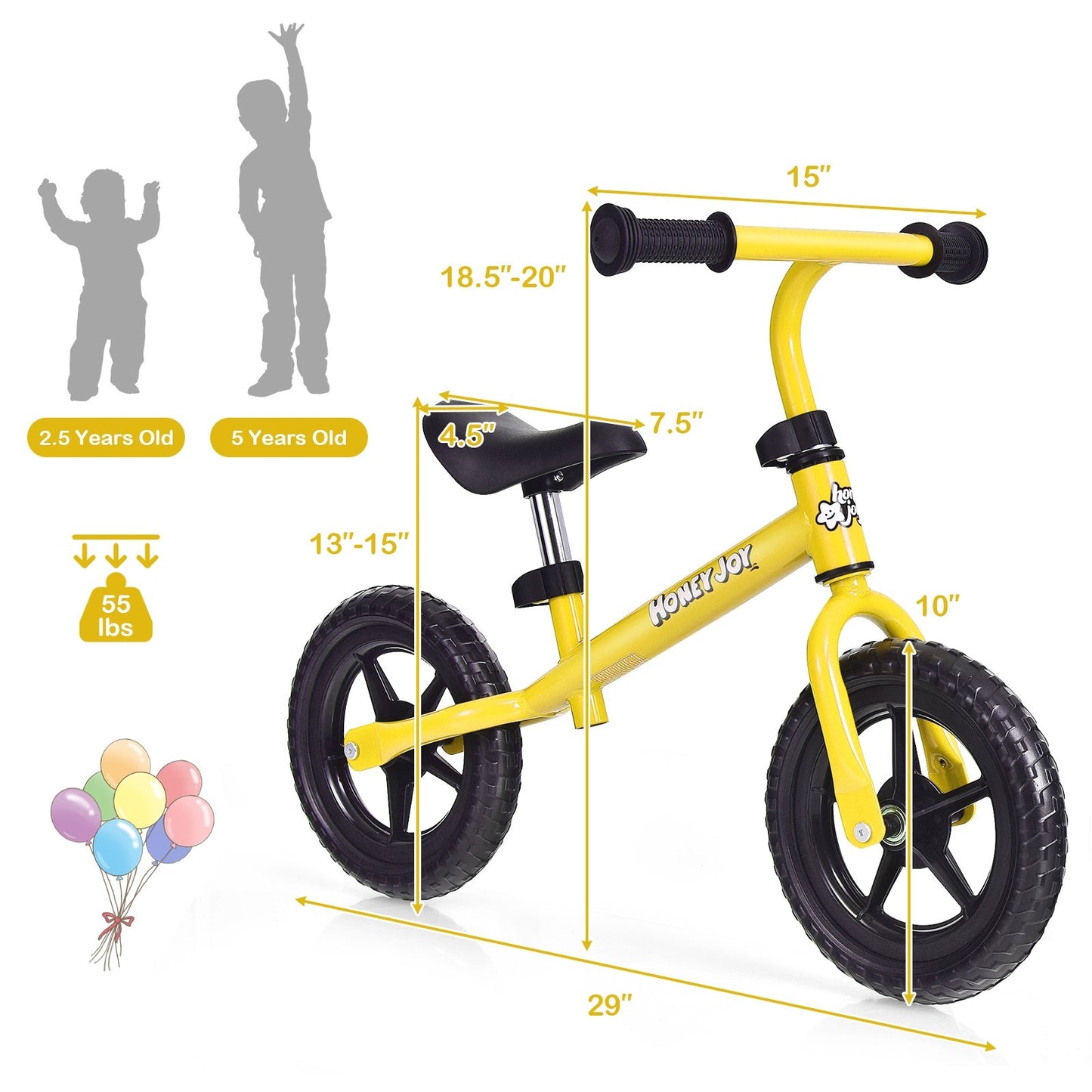 Kids No Pedal Balance Bike with Adjustable Handlebar and Seat, Yellow