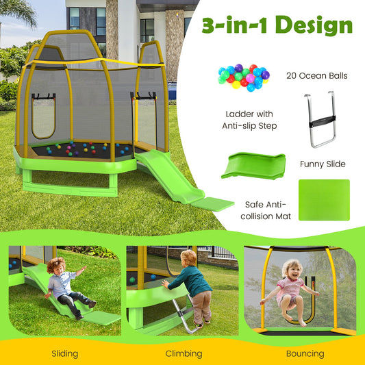 7 Feet Trampoline with Ladder and Slide for Indoor and Outdoor, Green - Gallery Canada