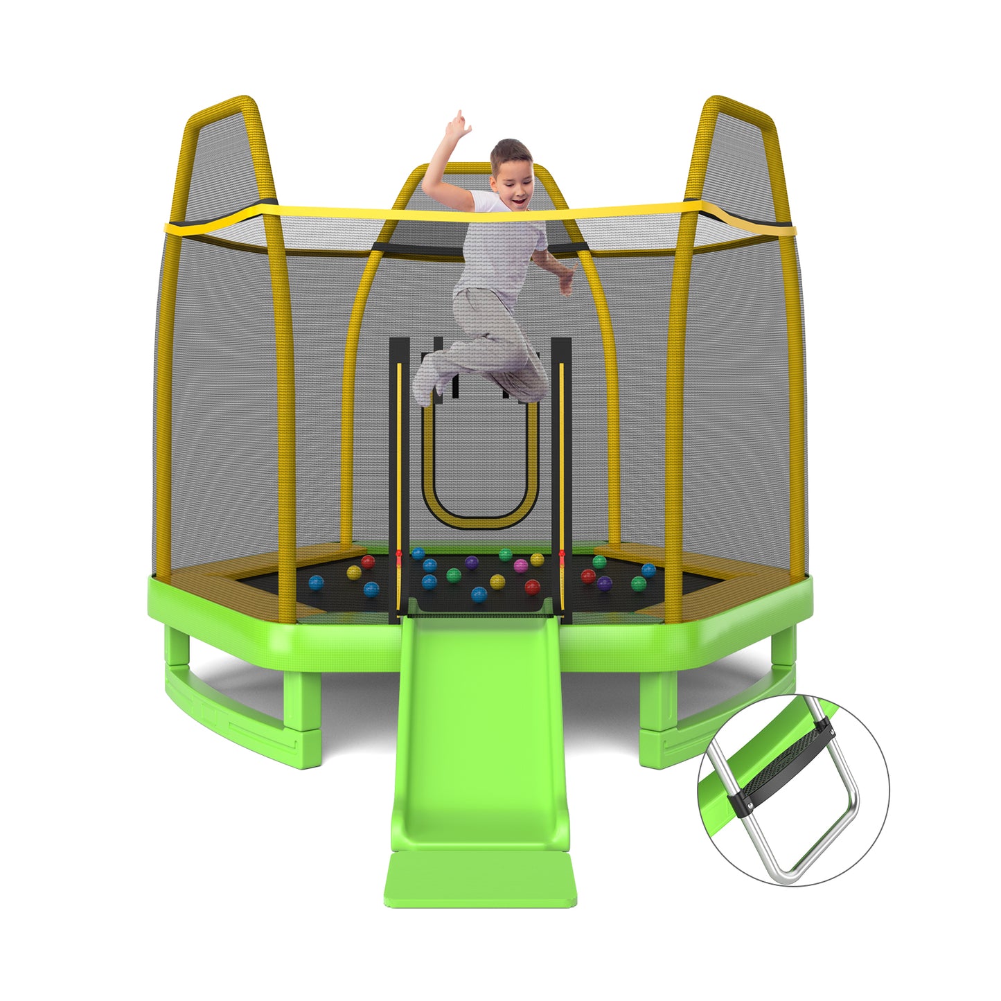 7 Feet Trampoline With Ladder And Slide, Indoor Outdoor, Green Trampolines Green at Gallery Canada