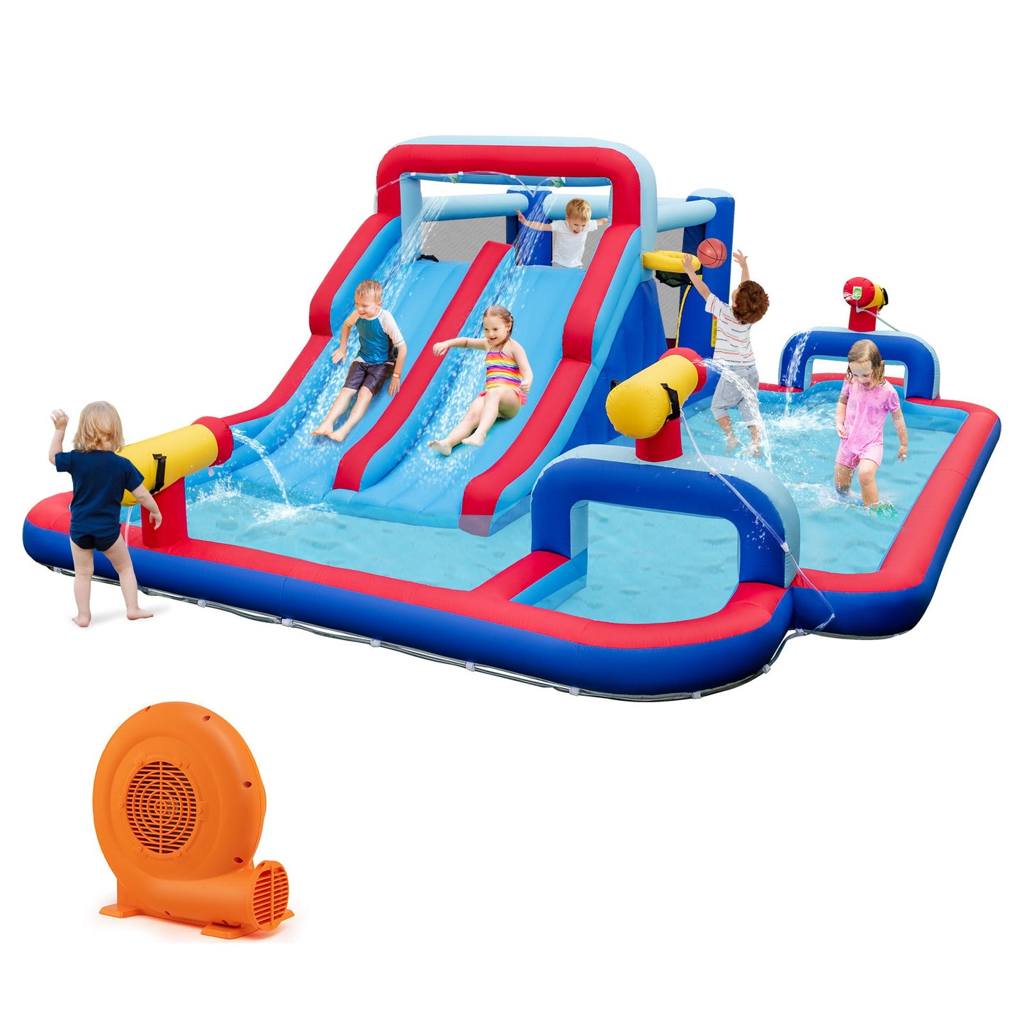 Inflatable Bounce House with 2 Water Slides and 3 Water Cannons With 750W Blower, Blue