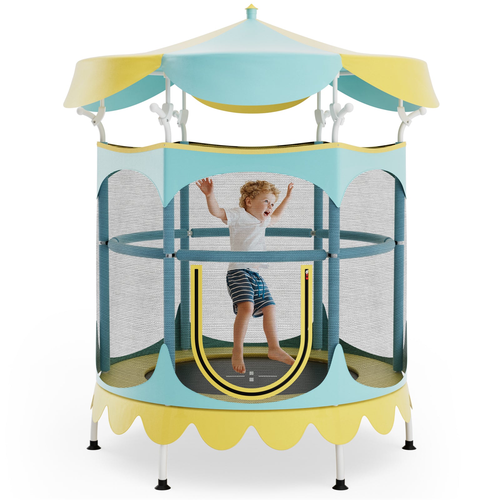 64 Inch Kids Trampoline with Detachable Canopy and Safety Enclosure Net, Yellow Trampolines at Gallery Canada