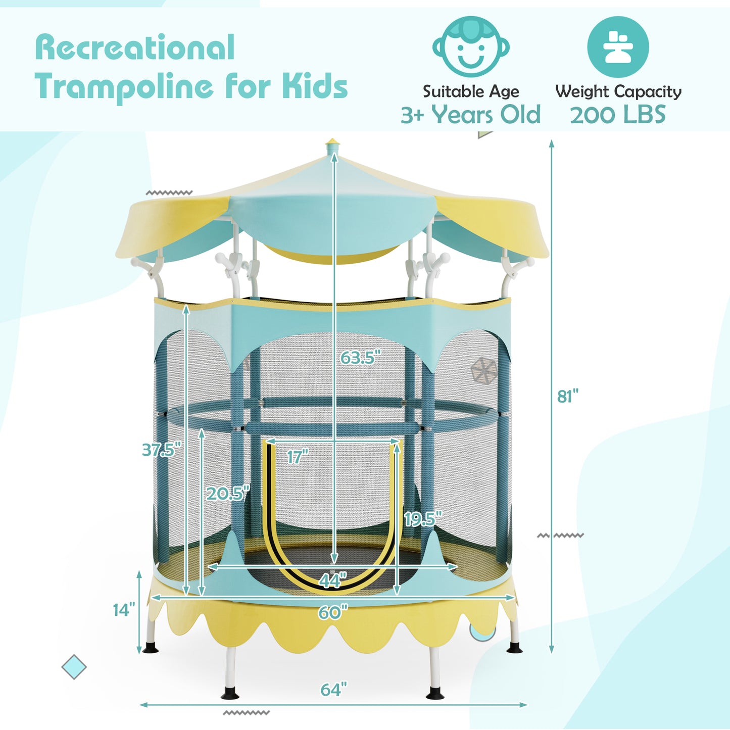 64 Inch Kids Trampoline with Detachable Canopy and Safety Enclosure Net, Yellow Trampolines at Gallery Canada