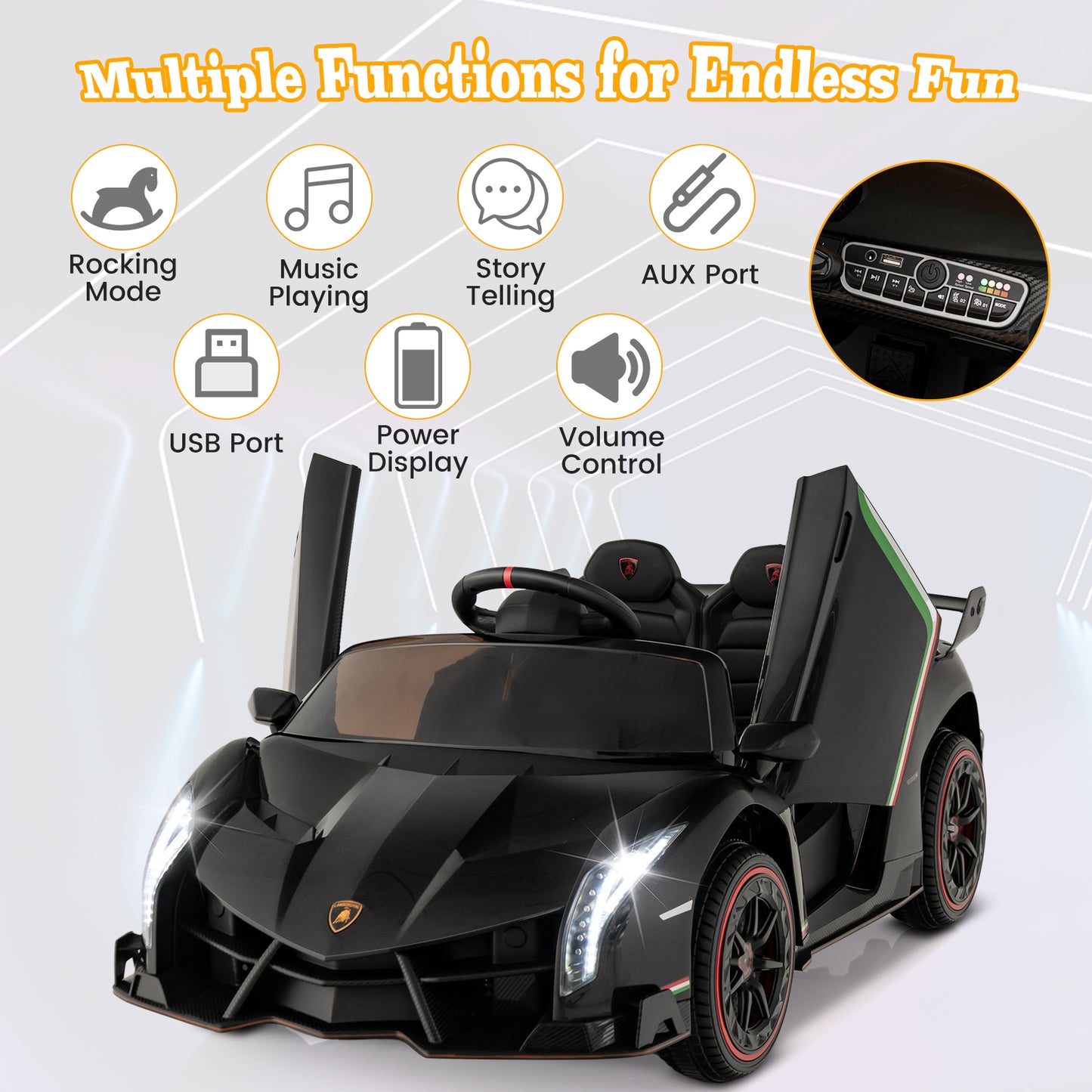12V Licensed Lamborghini 4WD Kids Ride-on Sports Car with 2.4G Remote, Black Powered Ride On Toys at Gallery Canada