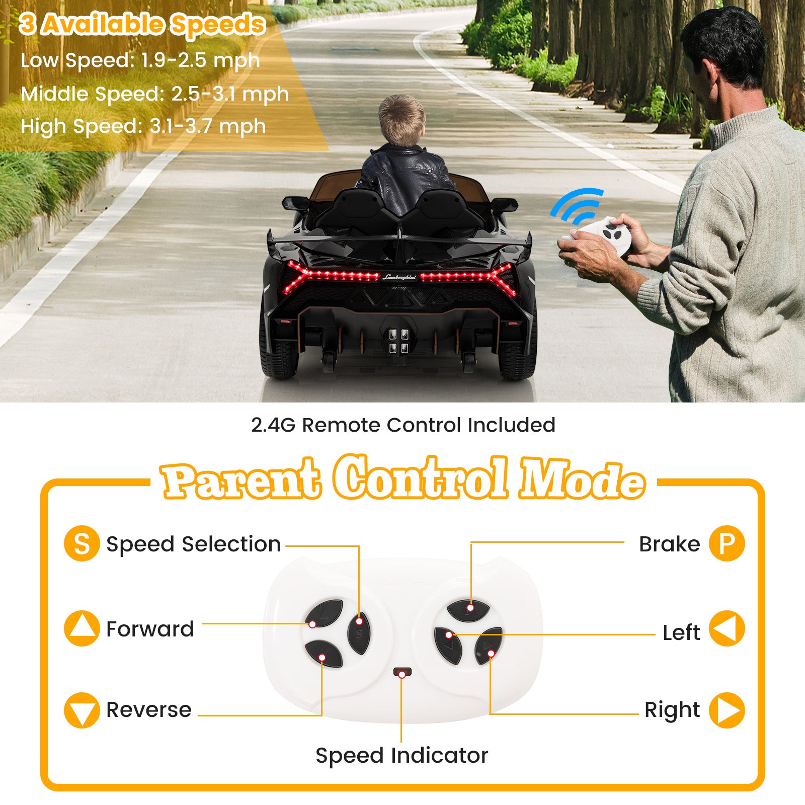 12V Licensed Lamborghini 4WD Kids Ride-on Sports Car with 2.4G Remote, Black Powered Ride On Toys at Gallery Canada