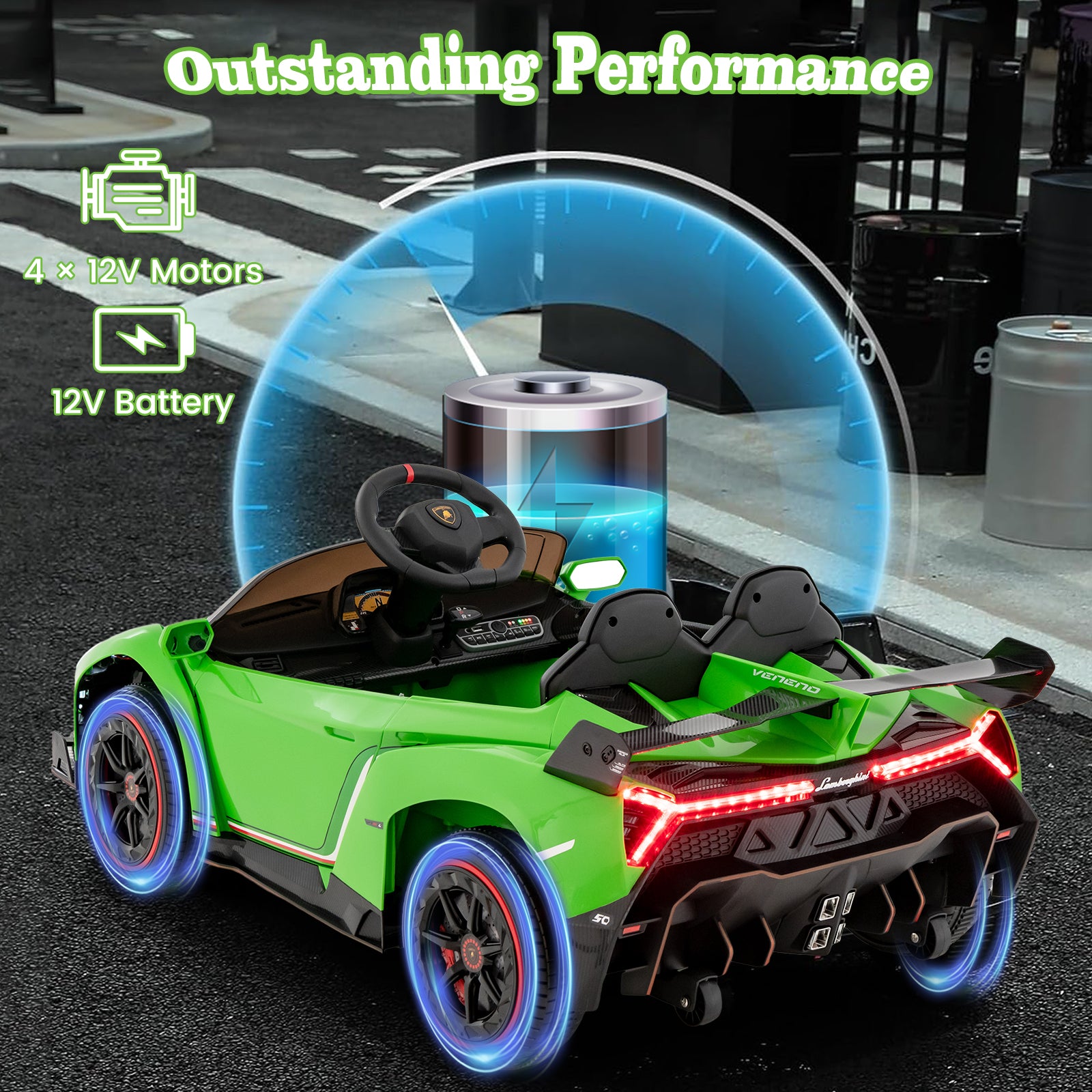 12V Licensed Lamborghini 4WD Kids Ride-on Sports Car with 2.4G Remote, Green Powered Ride On Toys at Gallery Canada