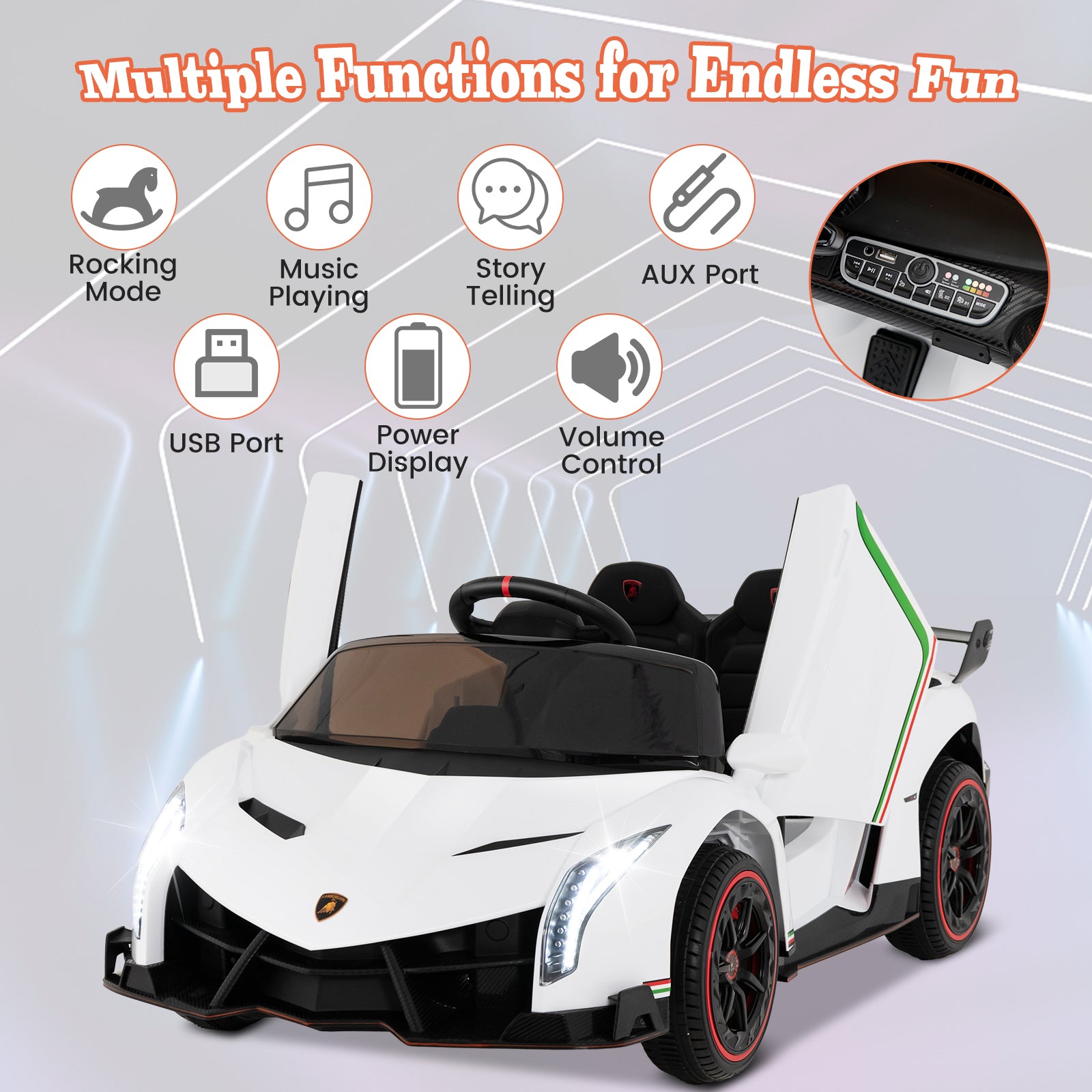 12V Licensed Lamborghini 4WD Kids Ride-on Sports Car with 2.4G Remote, White Powered Ride On Toys at Gallery Canada
