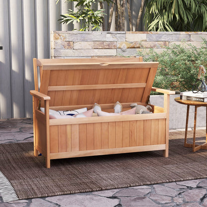 48 Inch Patio Wood Storage Bench with Slatted Backrest, Natural