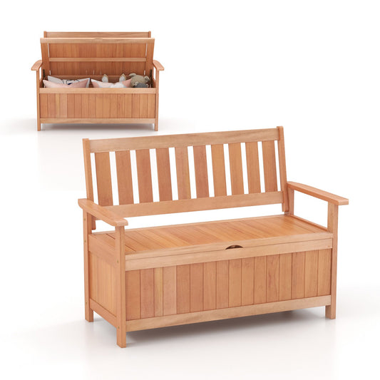48 Inch Patio Wood Storage Bench with Slatted Backrest, Natural