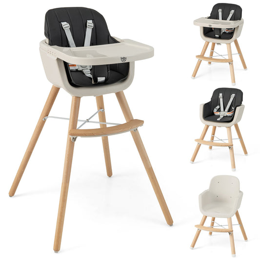 3-in-1 Convertible Wooden High Chair with Cushion, Black