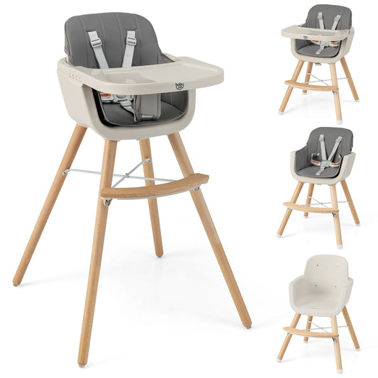 3-in-1 Convertible Wooden High Chair with Cushion, Light Gray