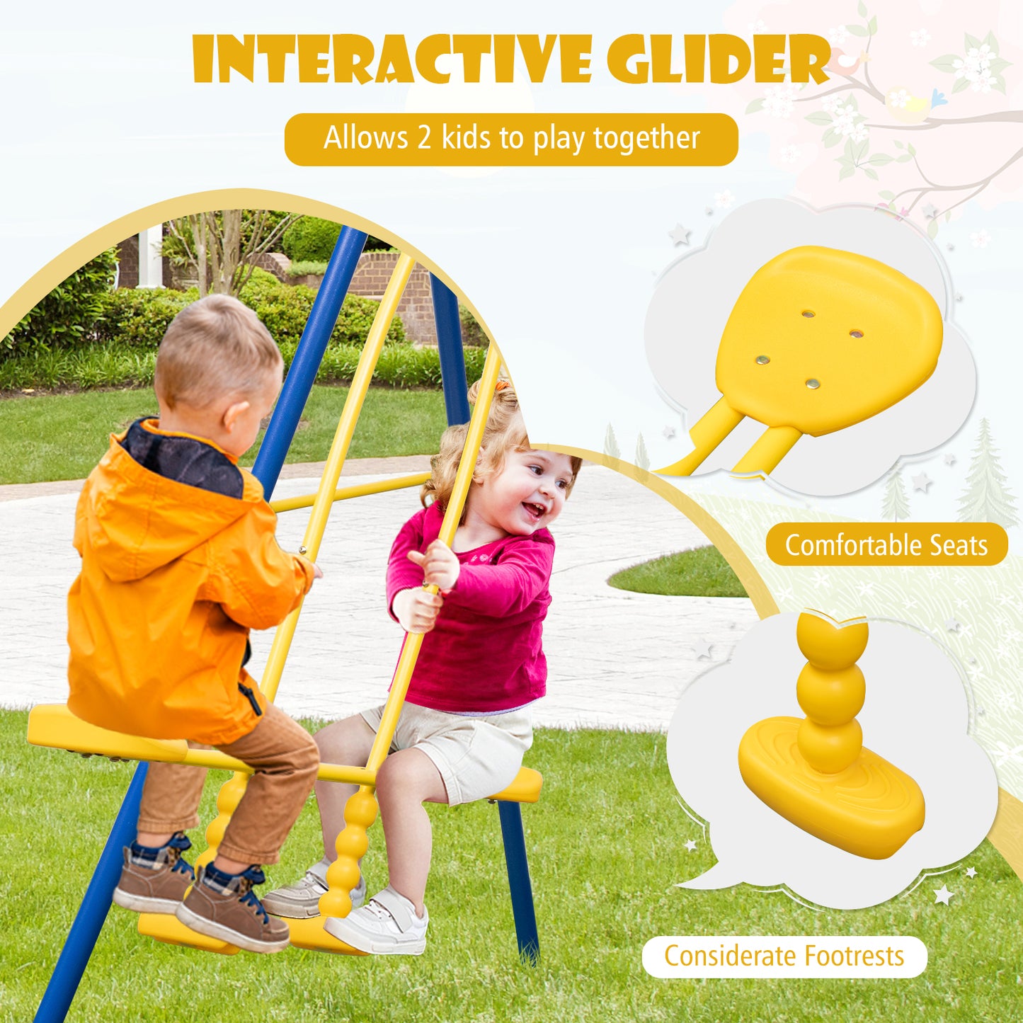 Metal Swing Set, 2 Swing Seats, 2 Glider Seats, Blue