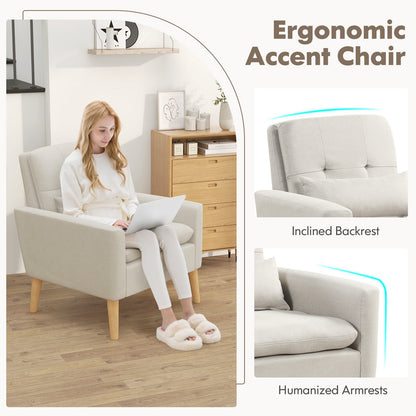 Accent Chai with Lumbar Pillow  Natural Rubber Wood Legs  Padded Cushions, Beige