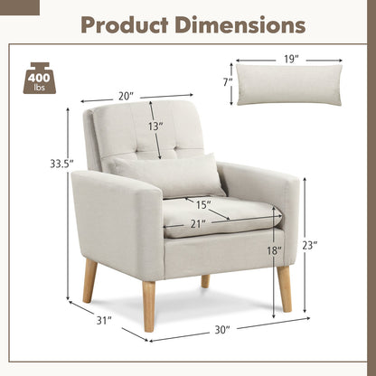 Accent Chai with Lumbar Pillow  Natural Rubber Wood Legs  Padded Cushions, Beige