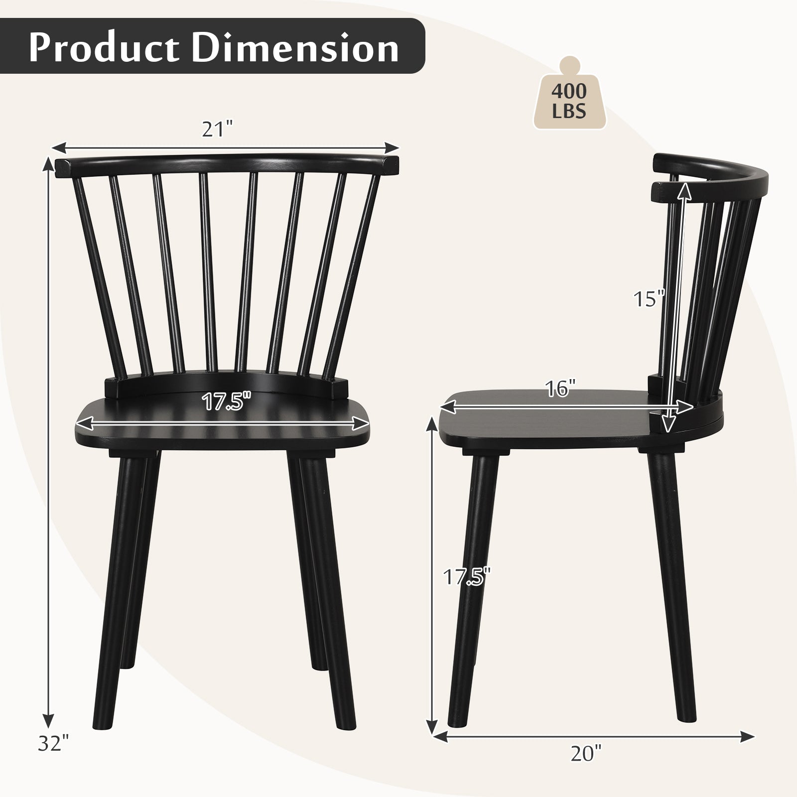Windsor Dining Chairs Set of 2 Rubber Wood Kitchen Chairs with Spindle Back, Black Dining Chairs at Gallery Canada