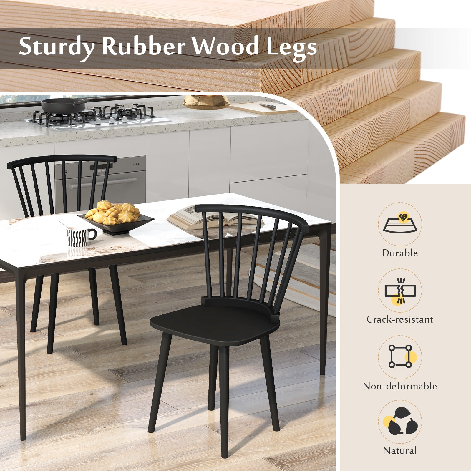 Windsor Dining Chairs Set of 2 Rubber Wood Kitchen Chairs with Spindle Back, Black Dining Chairs at Gallery Canada