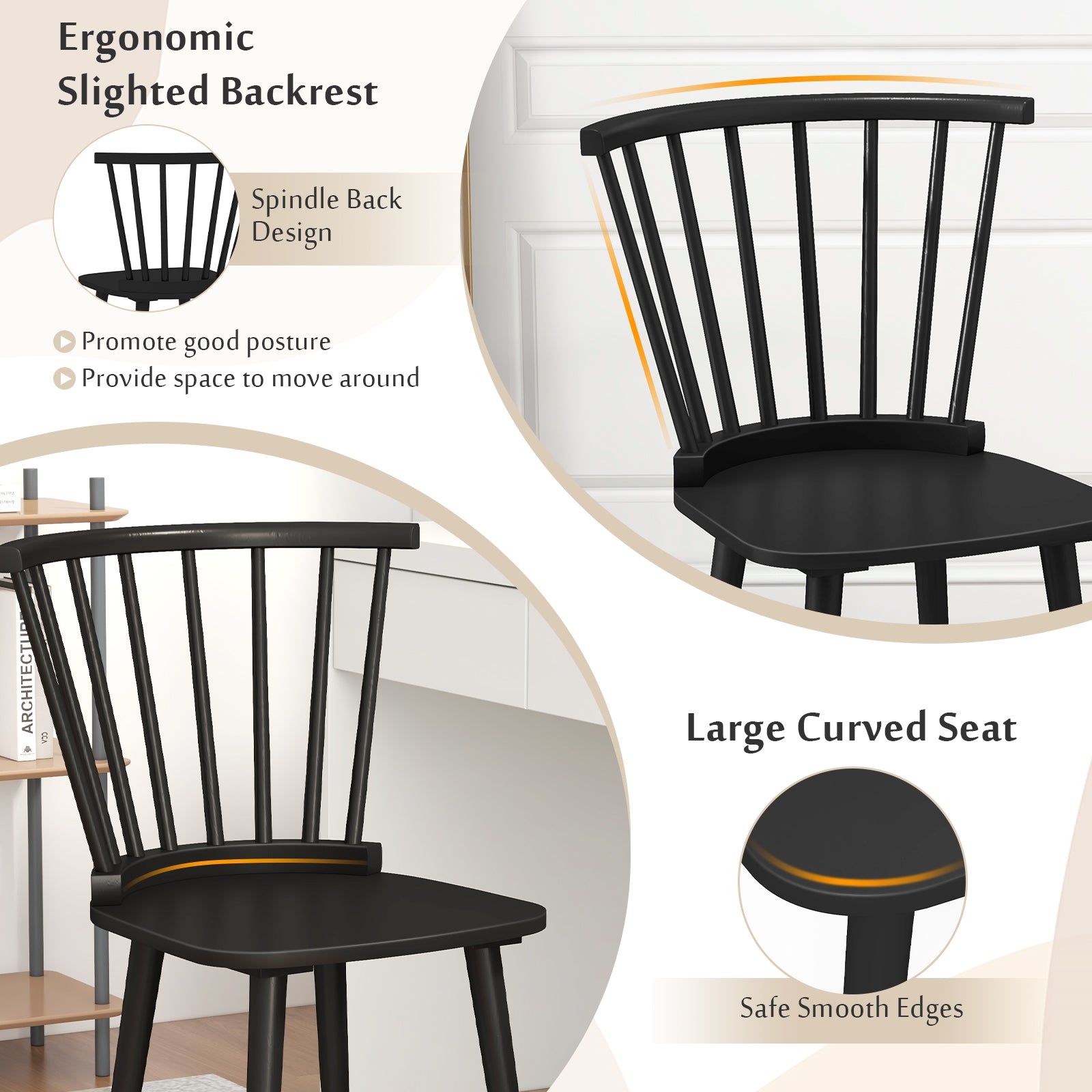 Windsor Dining Chairs Set of 2 Rubber Wood Kitchen Chairs with Spindle Back, Black Dining Chairs at Gallery Canada