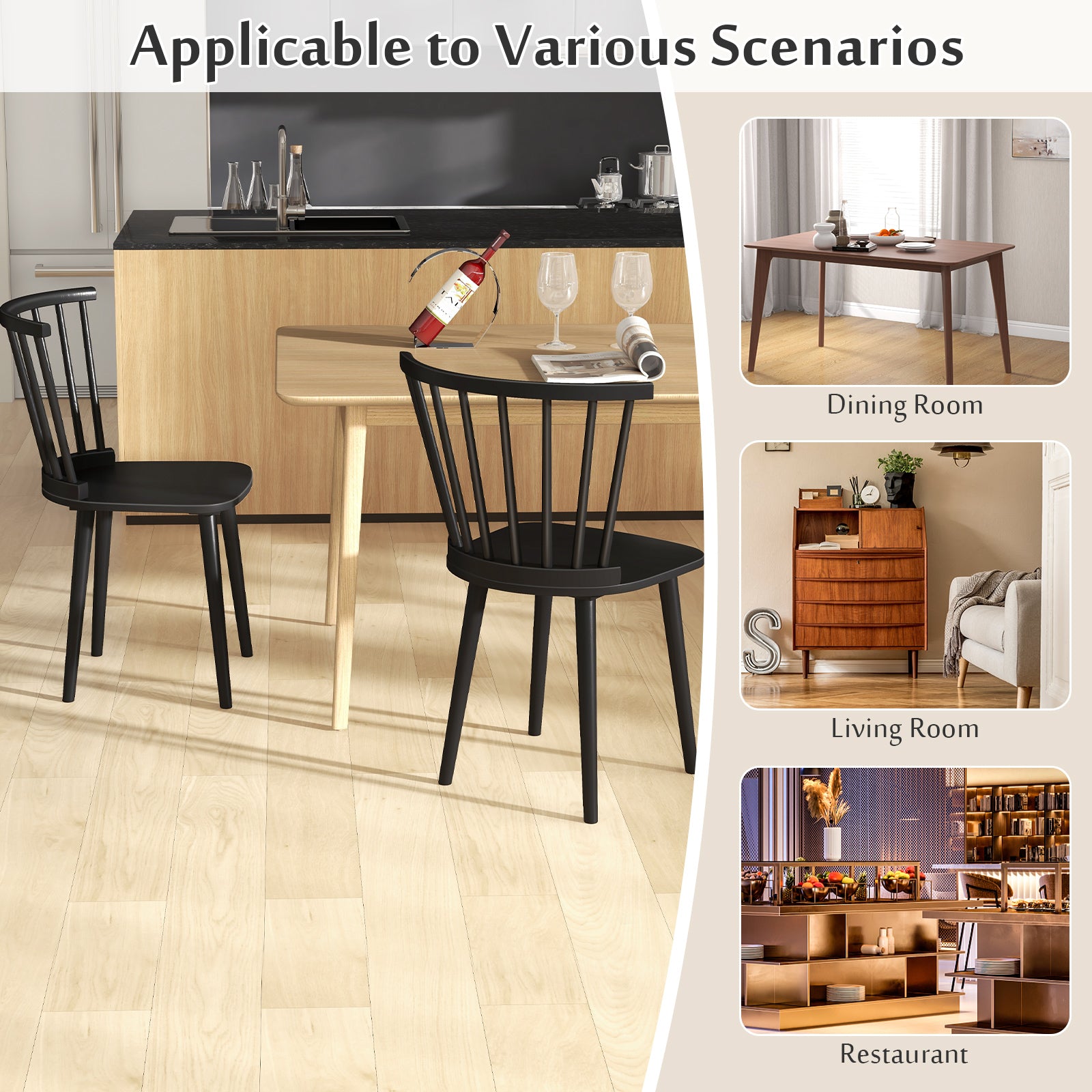 Windsor Dining Chairs Set of 2 Rubber Wood Kitchen Chairs with Spindle Back, Black Dining Chairs at Gallery Canada