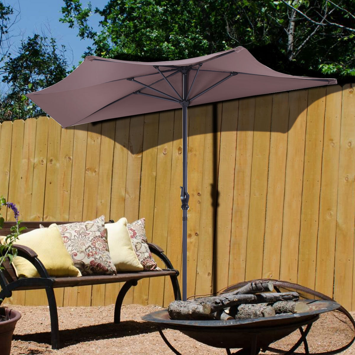 9' Half Round Patio Umbrella Sunshade without Weight Base, Tan Outdoor Umbrellas at Gallery Canada