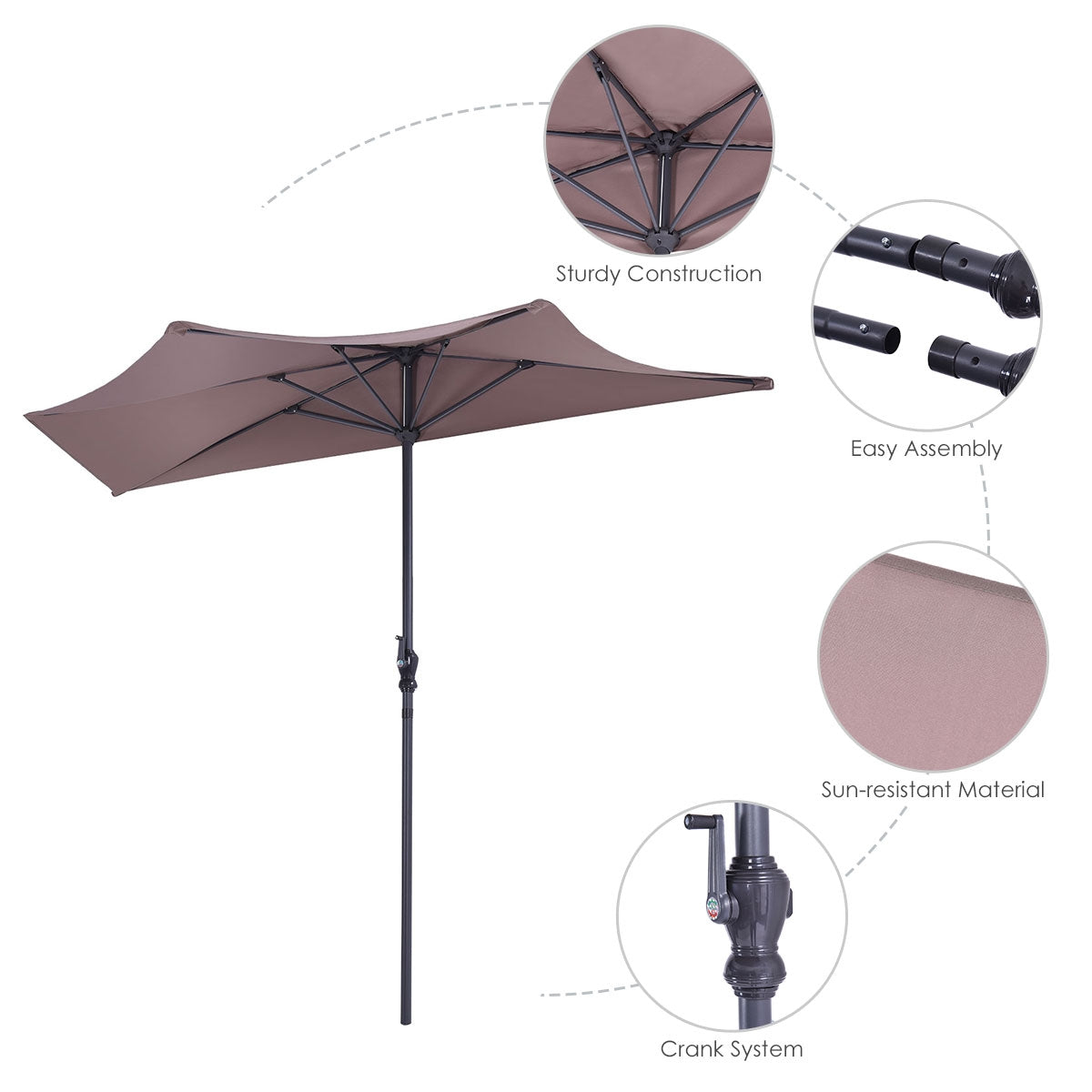 9' Half Round Patio Umbrella Sunshade without Weight Base, Tan Outdoor Umbrellas at Gallery Canada