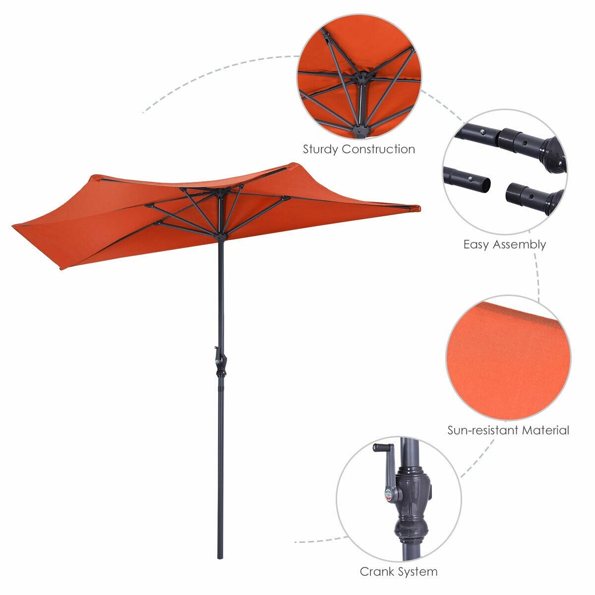 9Ft Patio Bistro Half Round Umbrella , Orange