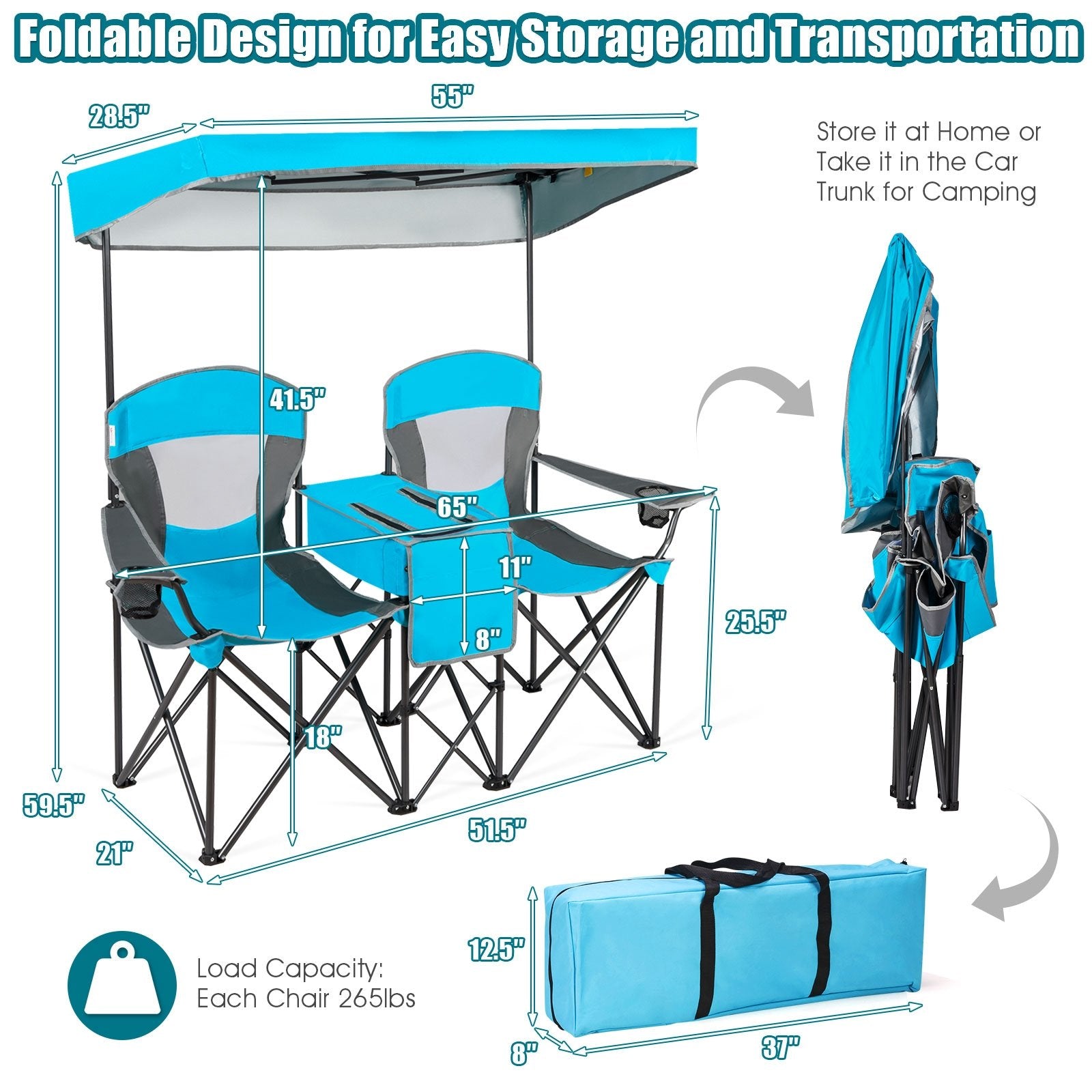 Portable Folding Camping Canopy Chairs with Cup Holder, Blue - Gallery Canada