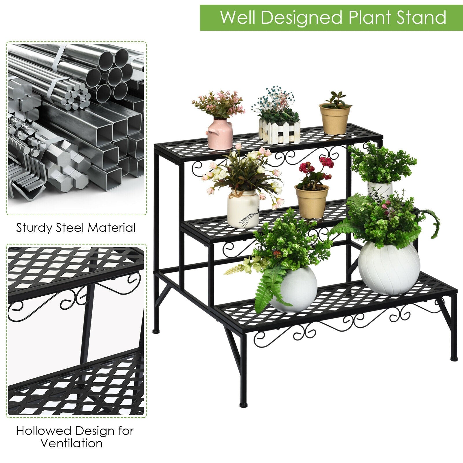 3 Tiers Metal Decorative Plant Stand, Black Plant Stands at Gallery Canada