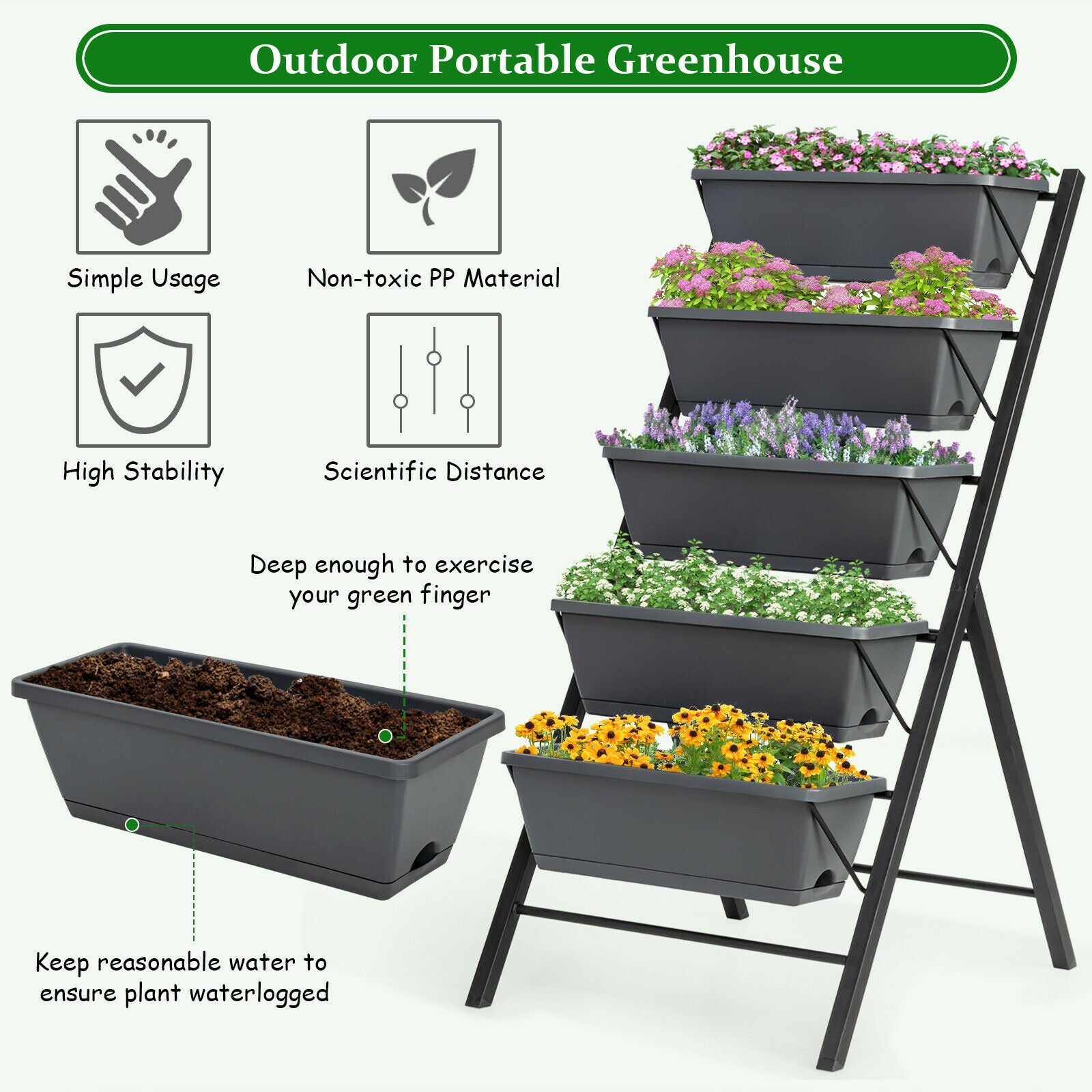 5-Tier Raised Garden Bed with Water Drainage for Flowers Vegetables, Black Raised Garden Beds at Gallery Canada