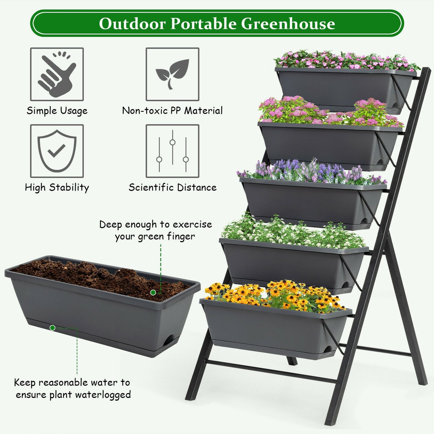 5-Tier Raised Garden Bed with Water Drainage for Flowers Vegetables, Black Raised Garden Beds at Gallery Canada