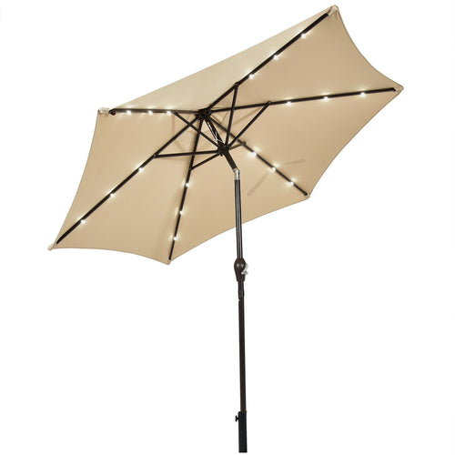 9' Solar LED Patio Umbrella, Tilt Crank Lift, Beige