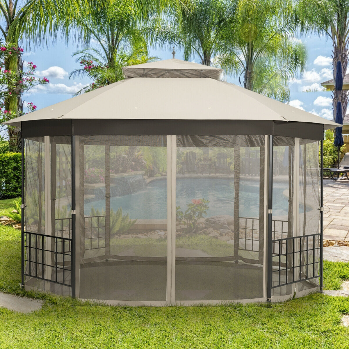10’x 12’ Octagonal Patio Gazebo, Beige Gazebos at Gallery Canada